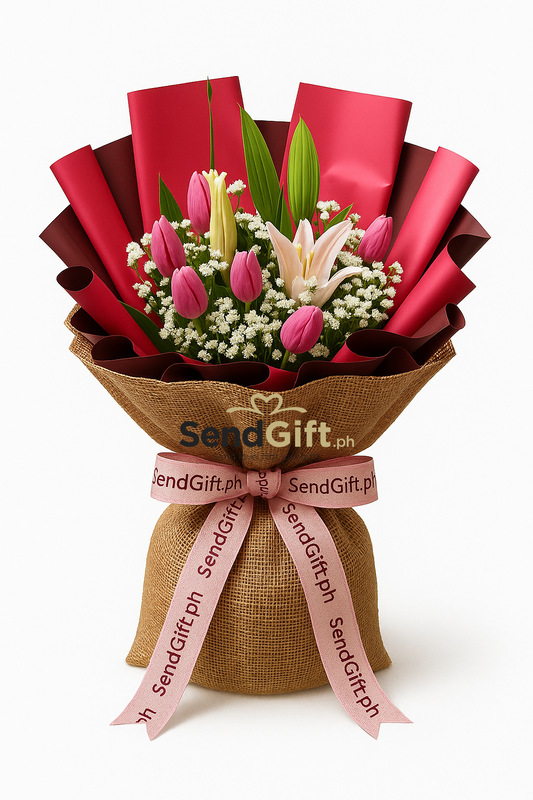 Blissful Blooms – Pink Tulips & Lilies Bouquet