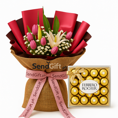 Blissful Blooms Bouquet + Ferrero Rocher 24-Piece Gift Set