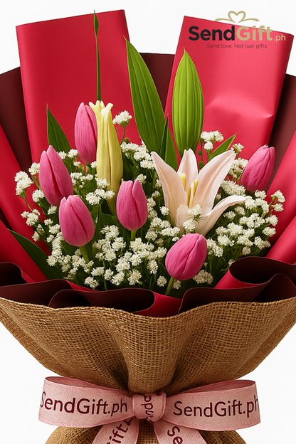 Blissful Blooms – Pink Tulips & Lilies Bouquet