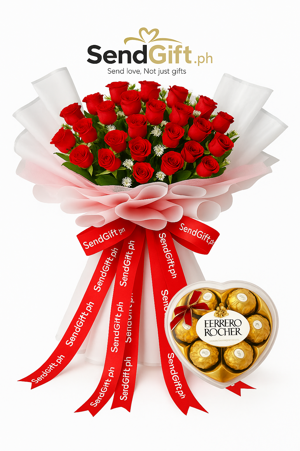 Classic Love Red Roses + Ferrero Rocher Heart Box Gift Set
