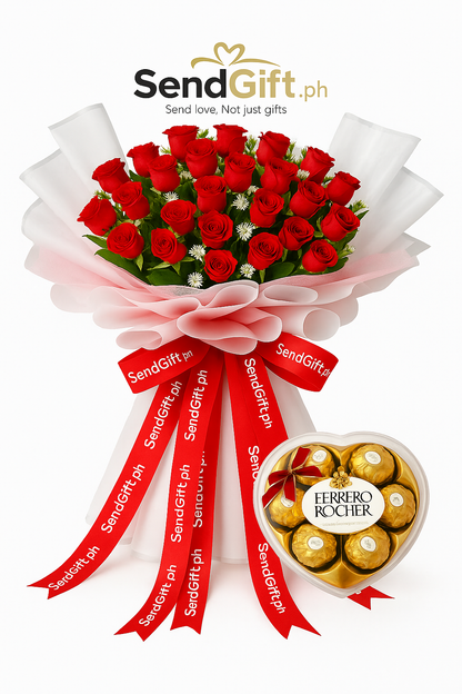 Classic Love Red Roses + Ferrero Rocher Heart Box Gift Set
